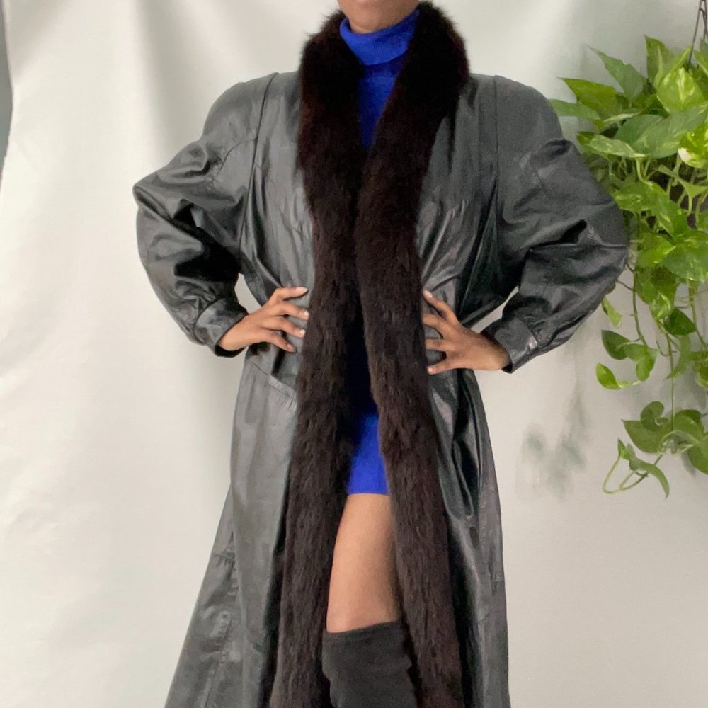 Long Black Vintage Leather Coat With Fox Fur Trim